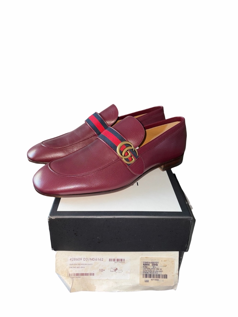Gucci Burgundy Leather Loafers with Red-and-Blue Web Strap size 10.5